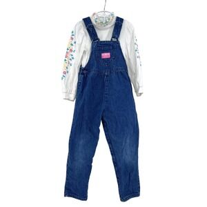 Vintage OshKosh Denim Overalls Bow and Floral Turtleneck Set Girls 5T